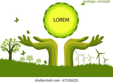 Hand ,windmill and solar panels on the grass ,Environmentally friendly world. Vector illustration of ecology,concept Hand to protect the environment and The earth