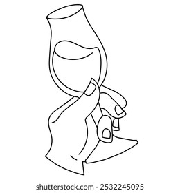 Hand with wine glass. Holiday celebration, festive moment or sommelier degustation icon, line art vector illustration isolated on white background.