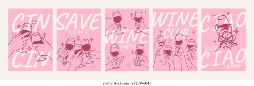 Hand mit Weinplakat. Hände, die Gläser mit Getränken halten. Handgezeichnete Linie Kreide Menschen halten Wein, Champagner, Cocktailglas für Karten, Einladung. Vektorgrafik.