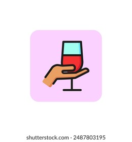 Hand with wineglass line icon. Holding, tasting, glass. Wine concept. Vector illustration can be used for topics like celebration, alcohol, party