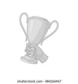 Hand with winner cup icon in black monochrome style on a white background vector illustration