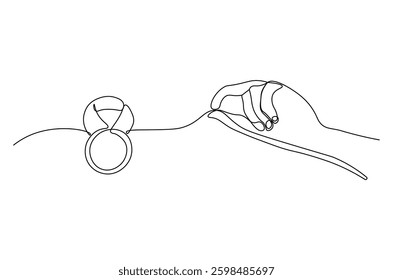 Hand with Winning badge in one continuous line drawing. Single line drawing illustration of Award winning ribbon with hand.  Symbol of a winner concept vector art. Doodle line illustration.
