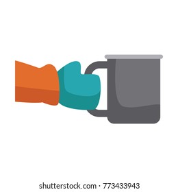 Hand with winter glove holding a mug