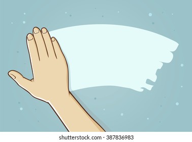 Hand Wipe Away Fog Or Mist From Mirror Surface, Vector Illustration