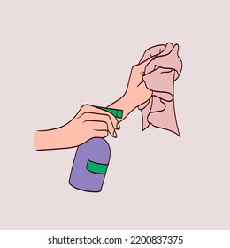 la mano limpia el polvo con un trapo. Concepto de trabajo doméstico. Ilustraciones de vectores dibujadas a mano.