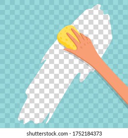 Hand wipes glass with a yellow sponge. Transparent effect. Vector illustration flat design. Concept Cleanliness. Concept Clarity.