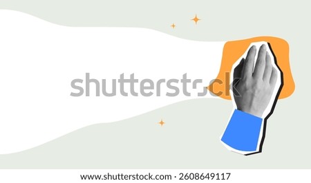 A hand wipes the surface with a cloth leaves space for text. Modern collage style. Vector illustration