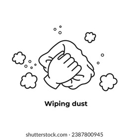 Hand wiping dusts with cloth vector icon set with black outline isolated on square white background. Simple flat minimalist monochrome cartoon art styled drawing.