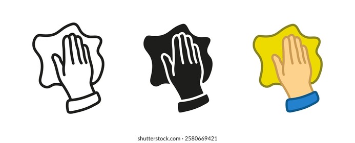 Hand wiping icon. Cleaning cloth vector illustration. Hygiene and surface sanitation symbol. Dust removal sign. Home disinfecting concept.