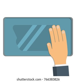 Hand is  wiping moisture, steamy from window.  Vector, flat design, isolated on white background.