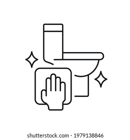Hand wiping toilet linear icon. Disinfection of plumbing. Thin line customizable illustration. Contour symbol. Vector isolated outline drawing. Editable stroke