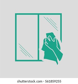 Hand wiping window icon. Gray background with green. Vector illustration.