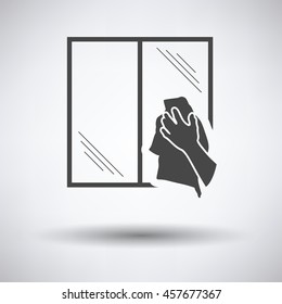 Hand wiping window icon on gray background, round shadow. Vector illustration.