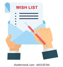 Hand with Wish list and shopping schedule, check list. Flat vector cartoon illustration. Objects isolated on a white background.