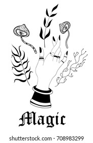 The hand of a witch with black nails, rings, mushrooms, fly agarics, paganki, fern, plants, leaves, roots. Magic. Boho style.