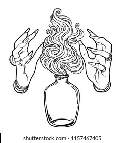 Hand of witch with fire. Mystic character. Alchemy, religion, spirituality, occultism, tattoo art. Isolated vector illustration. Halloween concept, coloring book for adults.