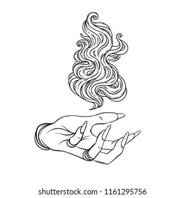 Hand of witch with fire. Mystic character. Alchemy, religion, spirituality, occultism, tattoo art. Isolated vector illustration. Halloween concept, coloring book for adults.