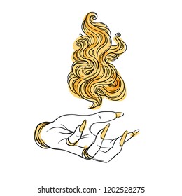 Hand of witch with fire. Mystic character. Alchemy, religion, spirituality, occultism, tattoo art. Isolated vector illustration. Halloween concept, coloring book for adults.