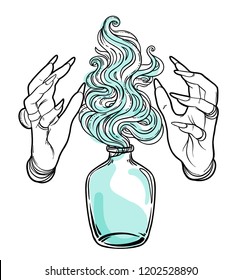 Hand of witch with fire. Mystic character. Alchemy, religion, spirituality, occultism, tattoo art. Isolated vector illustration. Halloween concept, coloring book for adults.