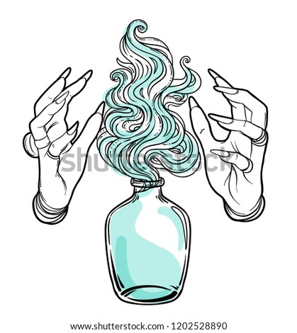 Hand of witch with fire. Mystic character. Alchemy, religion, spirituality, occultism, tattoo art. Isolated vector illustration. Halloween concept, coloring book for adults.