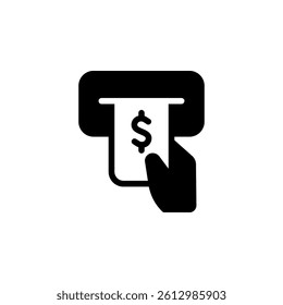 Hand withdrawing cash from an ATM machine icon. Depicts modern finance, banking, and financial transactions.