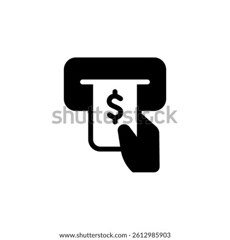 Hand withdrawing cash from an ATM machine icon. Depicts modern finance, banking, and financial transactions.