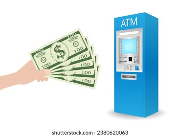 Hand Withdrawing Money from ATM- Automated Teller Machine. Withdrawing Money Concept. Vector Illustration. 