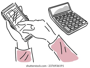 Hand of woman filing tax return on mobile phone hand drawing vector illustration