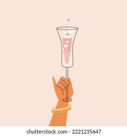 Hand of woman having party holding clinking glass with alcohol drink or champagne, flat vector illustration isolated on background. Celebrating holiday and having party.