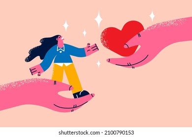 Hand with woman and heart shape. Concept of support and kindness in community. Female volunteer share empathy and hope with needy. Help and compassion in life. Flat vector illustration. 