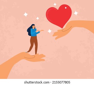 Hand with woman and heart shape. Concept of support and kindness in community. Female volunteer share empathy and hope with needy. Help and compassion in life. Flat vector illustration.