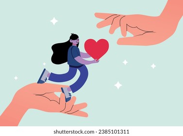 Hand with woman and heart shape. Concept of support and kindness in community. Female volunteer share empathy and hope with needy. Help and compassion in life. Flat vector illustration.