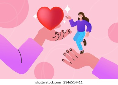 Hand with woman and heart shape. support and kindness. Help and compassion in life. Women's hands with hearts. support or help community. Emoticons for social media. vector illustration.