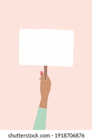 Hand of  woman hold empty banner with place for text.Vector flat cartoon illustration.