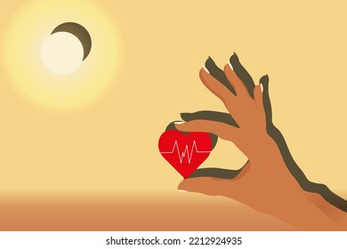 Hand of woman hold a heart with a cardiogram symbol on the sunrise background with copy space. Concept of life insurance. Health and medical insurance of people.