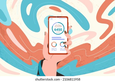 Hand Woman Hold Mobile Phone With Pedometer Or Fitness Tracker. Step Counter App On Smartphone Flat Vector Illustration. Sensor To Count Steps And Track Daily Walking Progress On Device Screen.