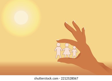 Hand Of Woman Hold A Small Model Of A Family On The Sunrise Background With Copy Space. Concept Of Life Insurance. Health And Medical Insurance Of People.