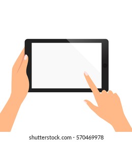 hand of woman hold tablet and pointing on the blank screen concept vector illustration