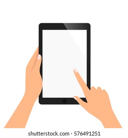 hand of woman hold tablet and pointing on the blank screen concept vector illustration