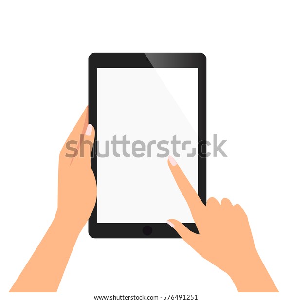 女性の手がタブレットを持ち 空白のスクリーンのコンセプトベクターイラストを指差す のベクター画像素材 ロイヤリティフリー