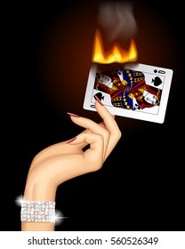 Hand of woman holding a burning playing card of Queen of Spades on black background. Casino game concept design. Vector illustration