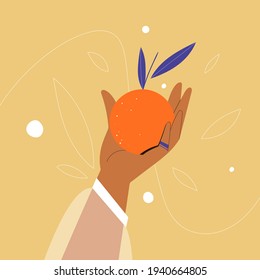 Hand of a woman holding orange fruit with leaves. Vector Illustration
