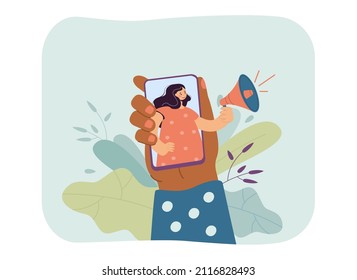 Hand of woman holding phone with girl with loudspeaker on screen. Female character talking into megaphone flat vector illustration. Marketing, advertising concept for banner or landing web page