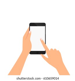 hand of woman is holding smartphone and pointing on the blank screen for add object vector illustration