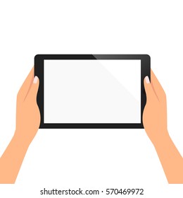 hand of woman is holding tablet to read the content ,blank screen for add object vector illustration