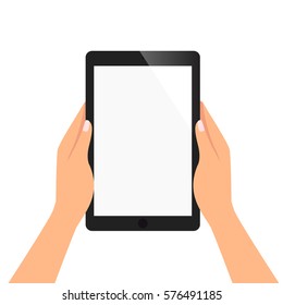 hand of woman is holding tablet to read the content ,blank screen for add object vector illustration