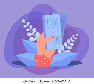 Hand of woman holding two airplane paper tickets. Female passenger with boarding documents to pass security check at airport gate flat vector illustration. Travel, flight, immigration concept