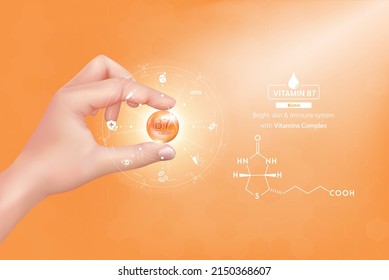 Hand woman holding vitamin B7 complex orange and structure. Capsule minerals and Supplement with icon. Beauty treatment nutrition skin care design. Medical scientific concept. 3D Realistic Vector.
