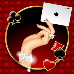 Hand of woman with jewelry holding Ace playing card in the round frame on red button-tufted leather background with suit symbols. Casino game concept design. Vector illustration