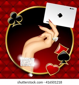 Hand of woman with jewelry holding Ace playing card in the round frame on red button-tufted leather background with suit symbols. Casino game concept design. Vector illustration